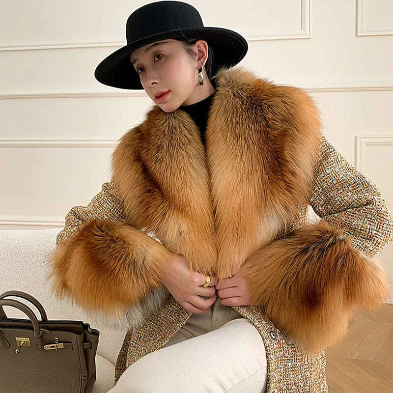 2024 Winter Women Wool Blends Long Coat Real Red Fox Fur Collar Cuffs Thick Warm Jacket Tweed Plaid New Luxury Female Coat - KIMLUD
