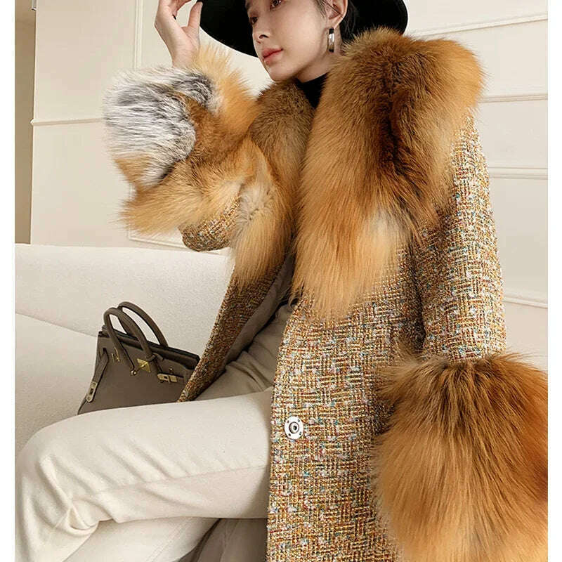 2024 Winter Women Wool Blends Long Coat Real Red Fox Fur Collar Cuffs Thick Warm Jacket Tweed Plaid New Luxury Female Coat - KIMLUD