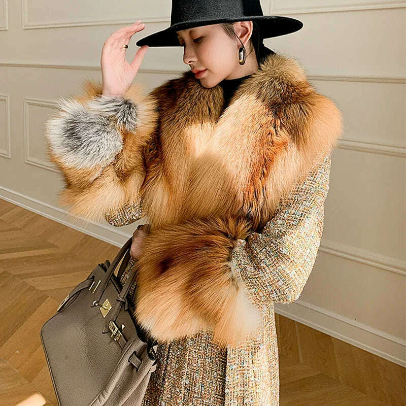 2024 Winter Women Wool Blends Long Coat Real Red Fox Fur Collar Cuffs Thick Warm Jacket Tweed Plaid New Luxury Female Coat - KIMLUD