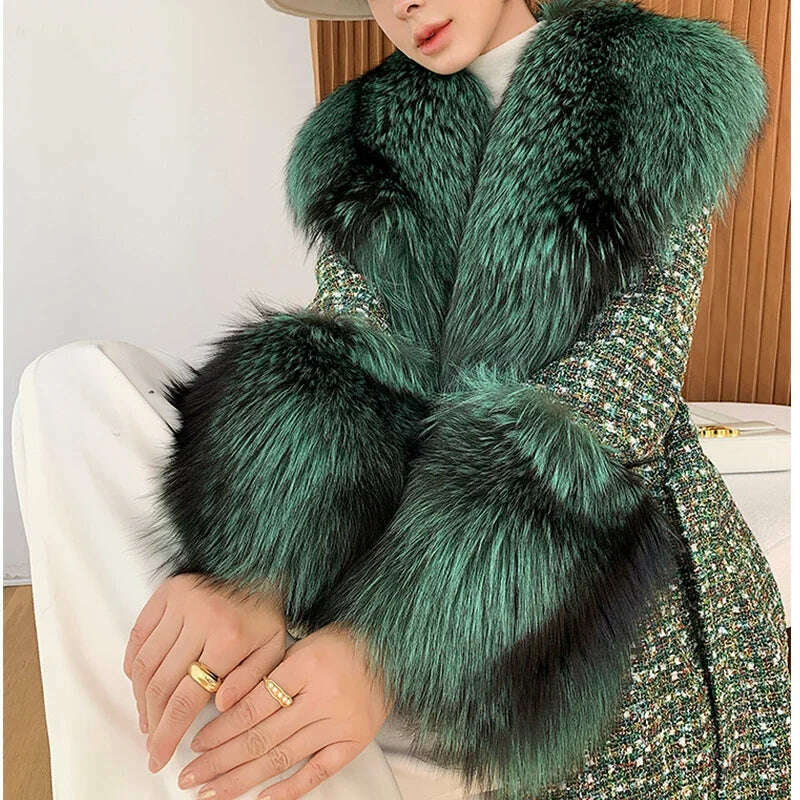 2024 Winter Women Wool Blends Long Coat Real Red Fox Fur Collar Cuffs Thick Warm Jacket Tweed Plaid New Luxury Female Coat - KIMLUD