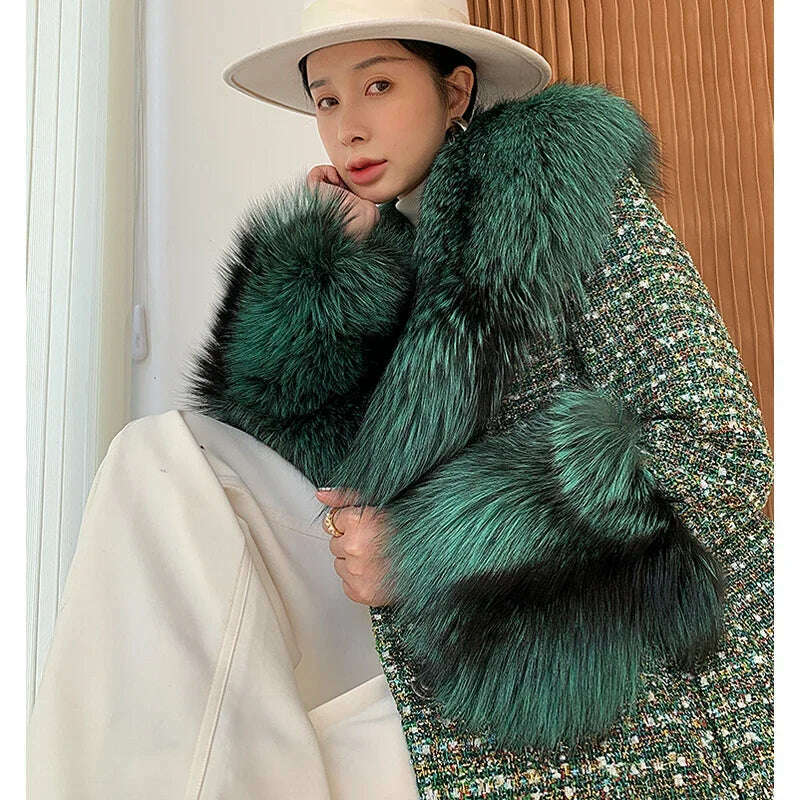 2024 Winter Women Wool Blends Long Coat Real Red Fox Fur Collar Cuffs Thick Warm Jacket Tweed Plaid New Luxury Female Coat - KIMLUD