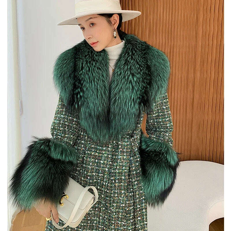 2024 Winter Women Wool Blends Long Coat Real Red Fox Fur Collar Cuffs Thick Warm Jacket Tweed Plaid New Luxury Female Coat - KIMLUD