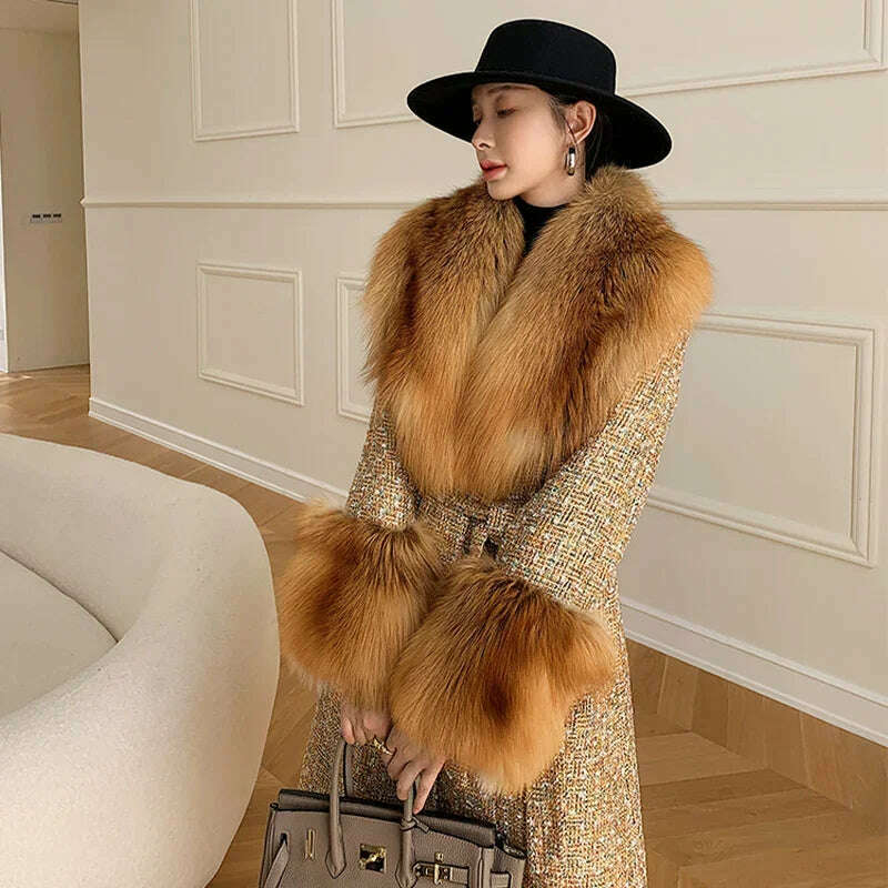 2024 Winter Women Wool Blends Long Coat Real Red Fox Fur Collar Cuffs Thick Warm Jacket Tweed Plaid New Luxury Female Coat - KIMLUD