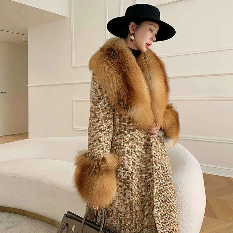 2024 Winter Women Wool Blends Long Coat Real Red Fox Fur Collar Cuffs Thick Warm Jacket Tweed Plaid New Luxury Female Coat - KIMLUD