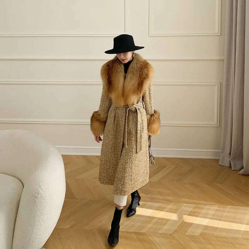 2024 Winter Women Wool Blends Long Coat Real Red Fox Fur Collar Cuffs Thick Warm Jacket Tweed Plaid New Luxury Female Coat - KIMLUD