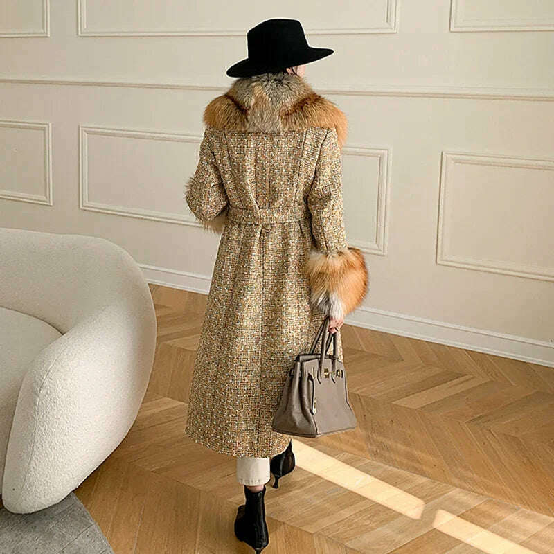 2024 Winter Women Wool Blends Long Coat Real Red Fox Fur Collar Cuffs Thick Warm Jacket Tweed Plaid New Luxury Female Coat - KIMLUD