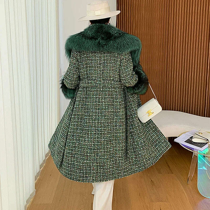 2024 Winter Women Wool Blends Long Coat Real Red Fox Fur Collar Cuffs Thick Warm Jacket Tweed Plaid New Luxury Female Coat - KIMLUD