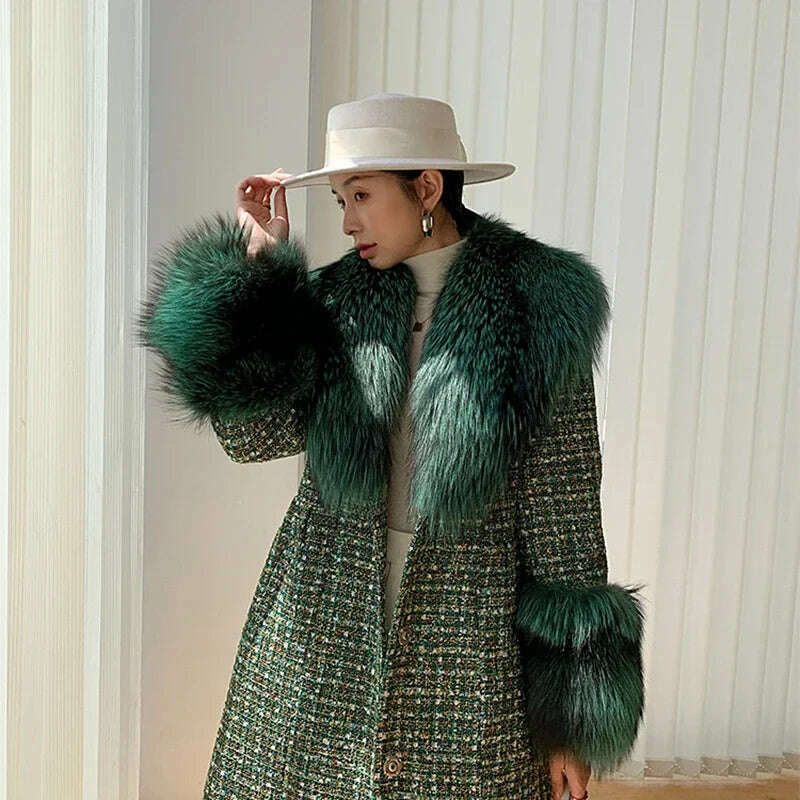 2024 Winter Women Wool Blends Long Coat Real Red Fox Fur Collar Cuffs Thick Warm Jacket Tweed Plaid New Luxury Female Coat - KIMLUD