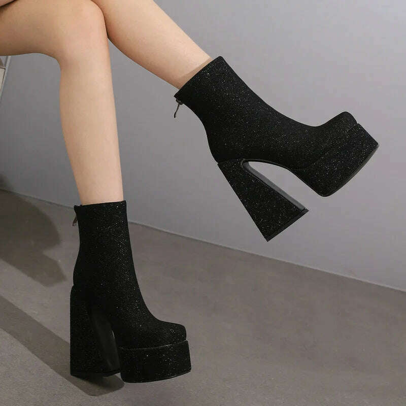 2024 Women Ankle Boots Platform Thick High Heel Ladies Short Boots Microfiber High Quality Zipper Dress Women's Shoes Plus Size - KIMLUD