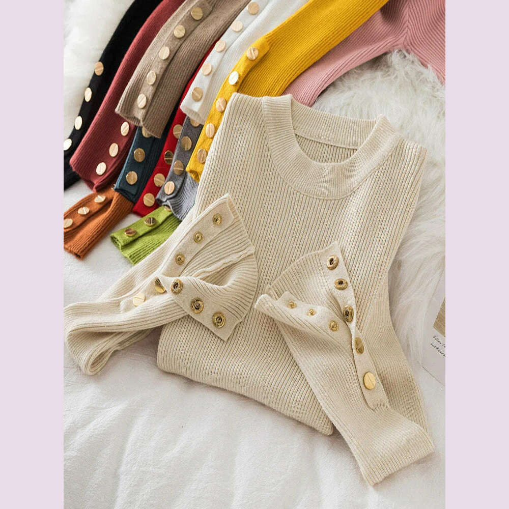 KIMLUD, 2024 women thick sweater pullovers khaki casual autumn winter button o-neck chic sweater female slim knit top soft jumper tops, KIMLUD Womens Clothes