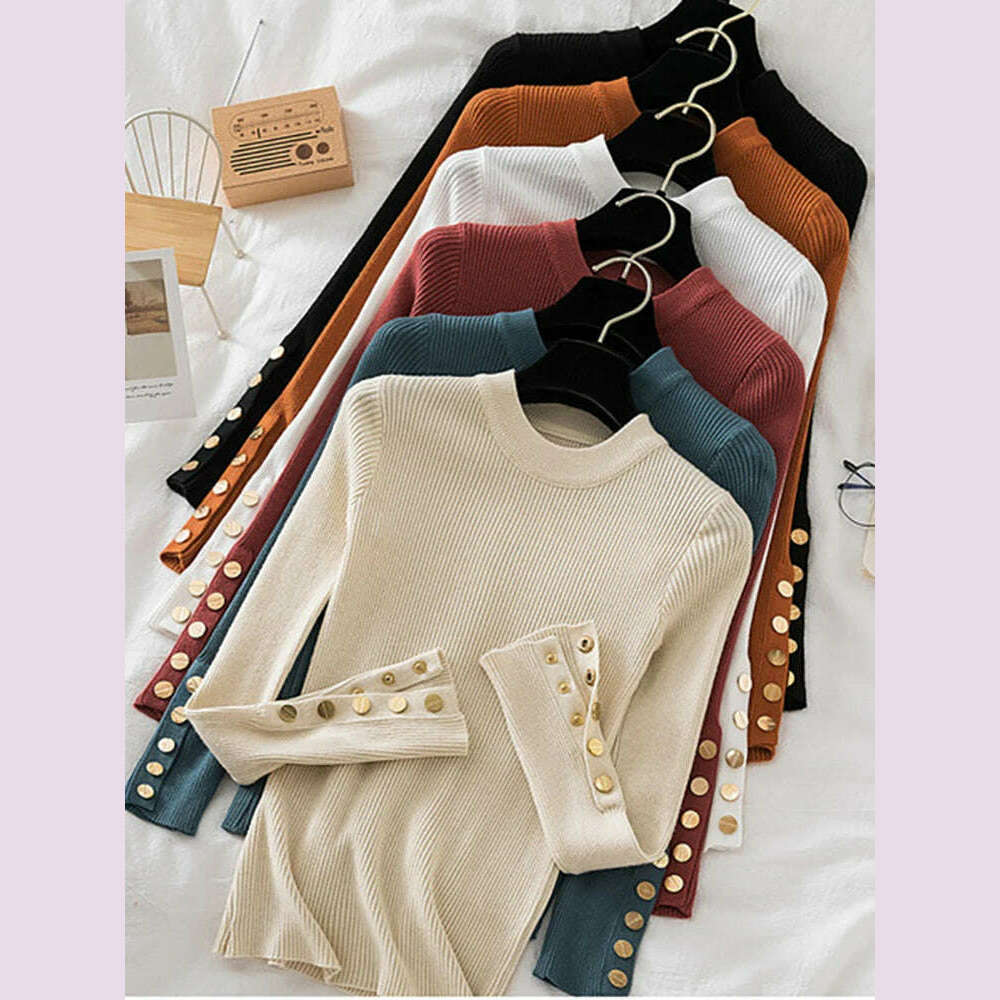 KIMLUD, 2024 women thick sweater pullovers khaki casual autumn winter button o-neck chic sweater female slim knit top soft jumper tops, KIMLUD Womens Clothes