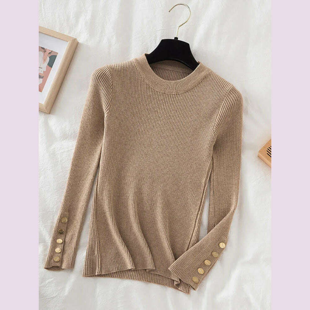 KIMLUD, 2024 women thick sweater pullovers khaki casual autumn winter button o-neck chic sweater female slim knit top soft jumper tops, KIMLUD Womens Clothes