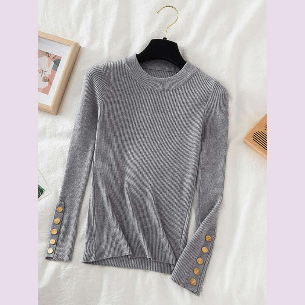 KIMLUD, 2024 women thick sweater pullovers khaki casual autumn winter button o-neck chic sweater female slim knit top soft jumper tops, KIMLUD Womens Clothes