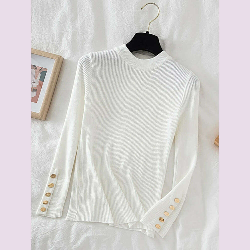 KIMLUD, 2024 women thick sweater pullovers khaki casual autumn winter button o-neck chic sweater female slim knit top soft jumper tops, KIMLUD Womens Clothes