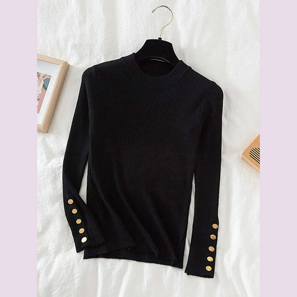 KIMLUD, 2024 women thick sweater pullovers khaki casual autumn winter button o-neck chic sweater female slim knit top soft jumper tops, KIMLUD Womens Clothes