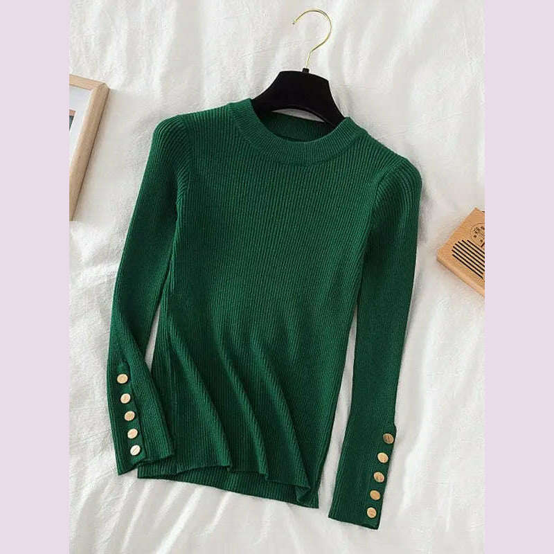 KIMLUD, 2024 women thick sweater pullovers khaki casual autumn winter button o-neck chic sweater female slim knit top soft jumper tops, Dark Green / One Size, KIMLUD APPAREL - Womens Clothes