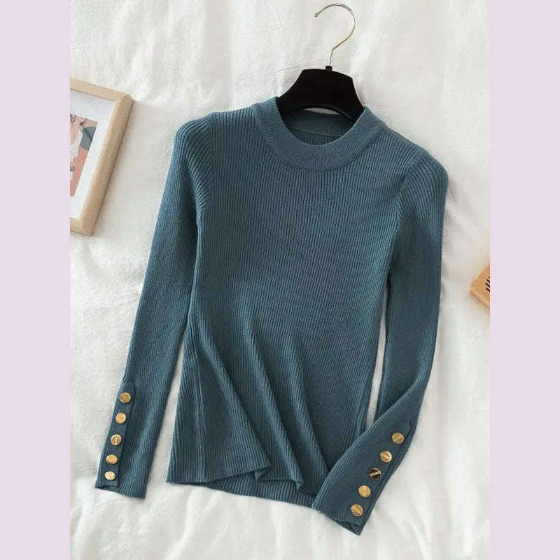 KIMLUD, 2024 women thick sweater pullovers khaki casual autumn winter button o-neck chic sweater female slim knit top soft jumper tops, Blue / One Size, KIMLUD APPAREL - Womens Clothes