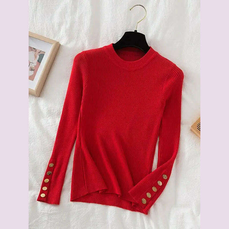 KIMLUD, 2024 women thick sweater pullovers khaki casual autumn winter button o-neck chic sweater female slim knit top soft jumper tops, Red / One Size, KIMLUD APPAREL - Womens Clothes