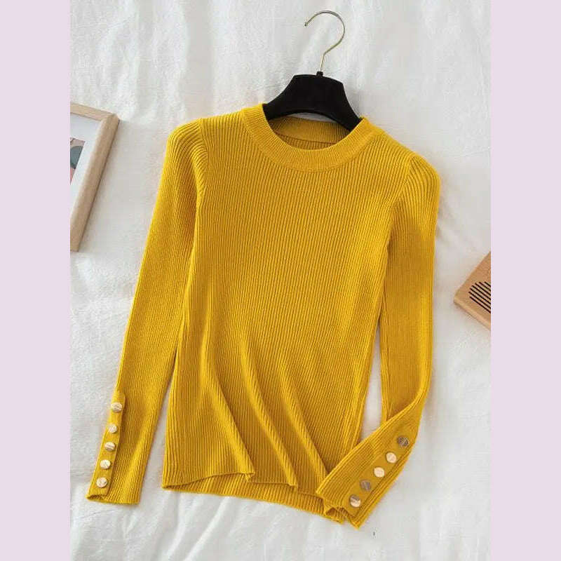 KIMLUD, 2024 women thick sweater pullovers khaki casual autumn winter button o-neck chic sweater female slim knit top soft jumper tops, Yellow / One Size, KIMLUD APPAREL - Womens Clothes