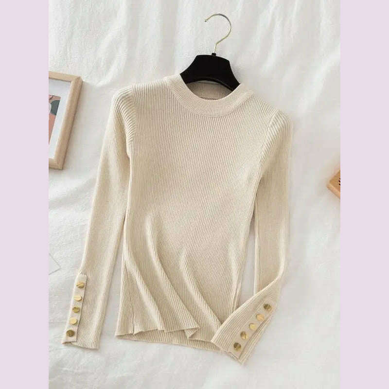 KIMLUD, 2024 women thick sweater pullovers khaki casual autumn winter button o-neck chic sweater female slim knit top soft jumper tops, Beige / One Size, KIMLUD APPAREL - Womens Clothes