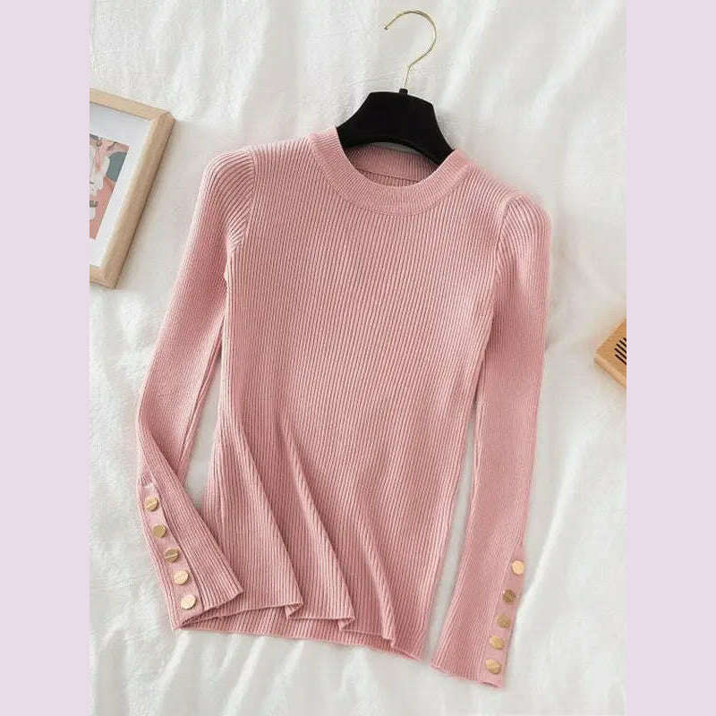KIMLUD, 2024 women thick sweater pullovers khaki casual autumn winter button o-neck chic sweater female slim knit top soft jumper tops, Pink / One Size, KIMLUD APPAREL - Womens Clothes