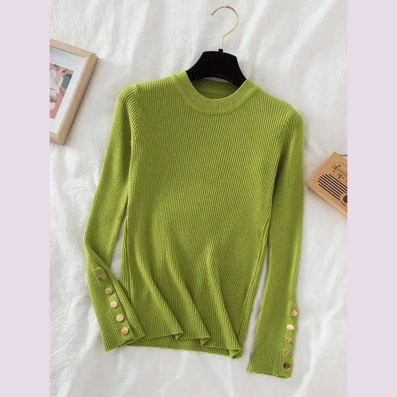 KIMLUD, 2024 women thick sweater pullovers khaki casual autumn winter button o-neck chic sweater female slim knit top soft jumper tops, Fruit Green / One Size, KIMLUD APPAREL - Womens Clothes