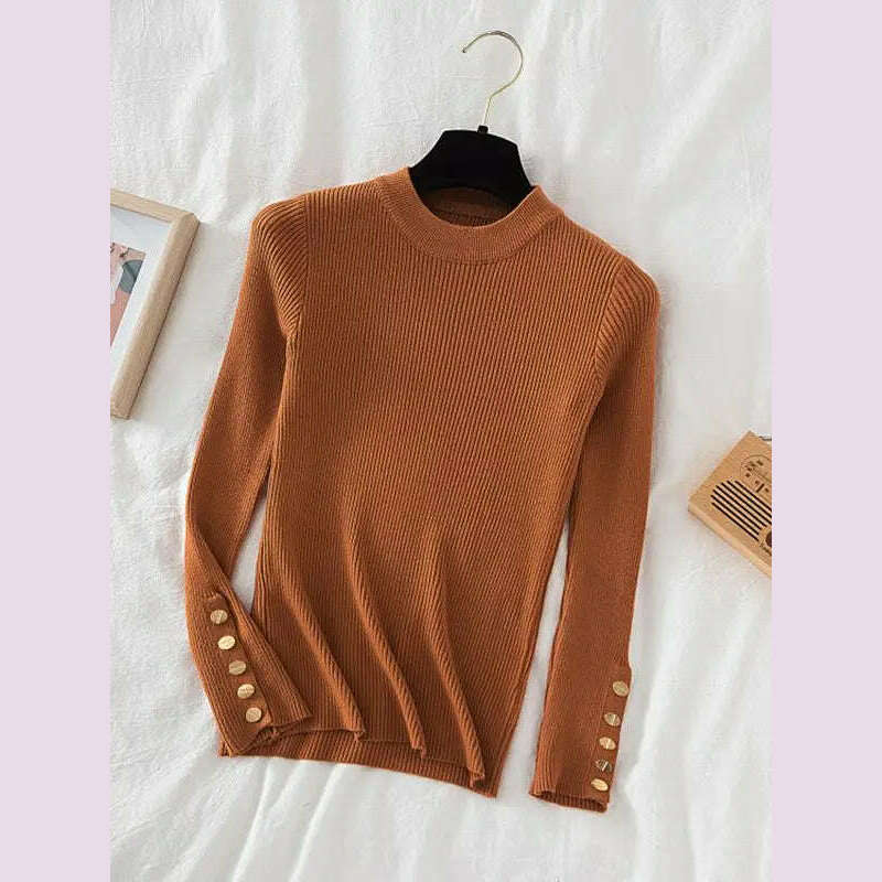 KIMLUD, 2024 women thick sweater pullovers khaki casual autumn winter button o-neck chic sweater female slim knit top soft jumper tops, Caramel / One Size, KIMLUD APPAREL - Womens Clothes