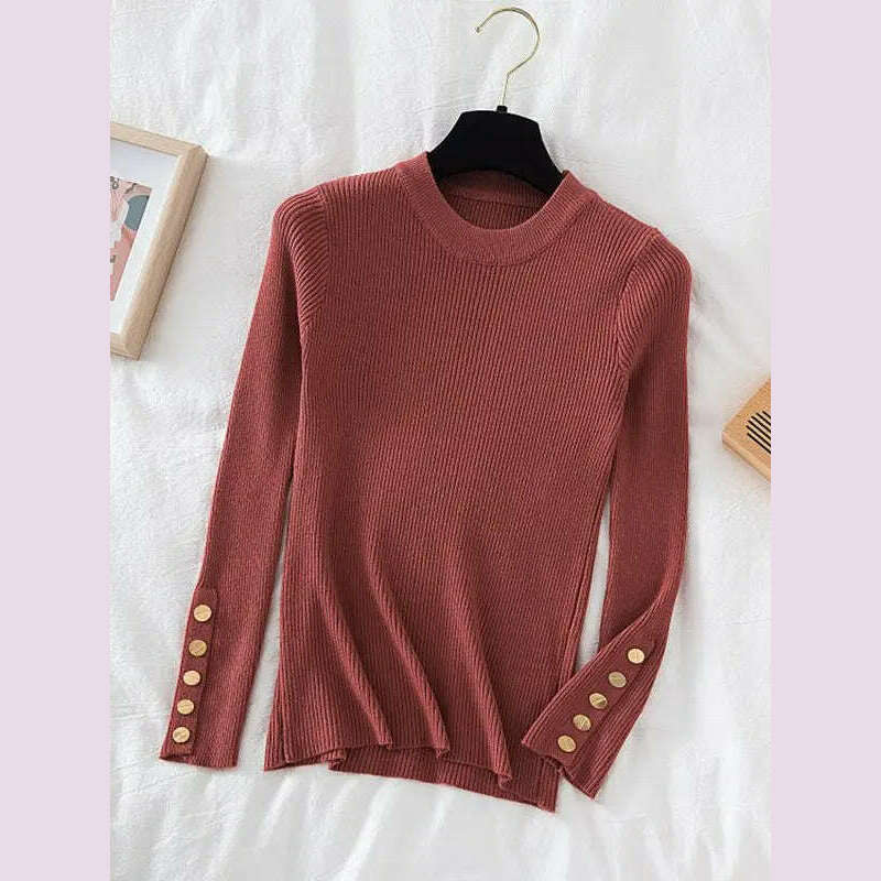 KIMLUD, 2024 women thick sweater pullovers khaki casual autumn winter button o-neck chic sweater female slim knit top soft jumper tops, Brick Red / One Size, KIMLUD APPAREL - Womens Clothes