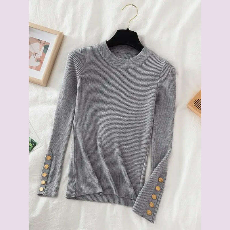 KIMLUD, 2024 women thick sweater pullovers khaki casual autumn winter button o-neck chic sweater female slim knit top soft jumper tops, GRAY / One Size, KIMLUD APPAREL - Womens Clothes