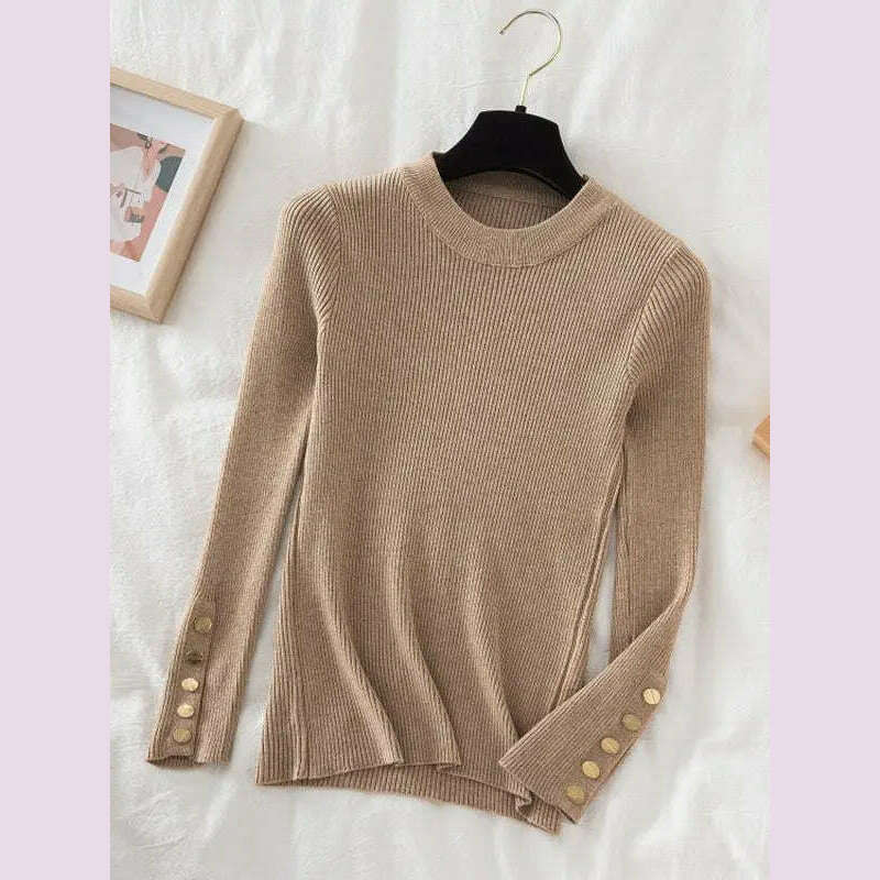 KIMLUD, 2024 women thick sweater pullovers khaki casual autumn winter button o-neck chic sweater female slim knit top soft jumper tops, Khaki / One Size, KIMLUD APPAREL - Womens Clothes