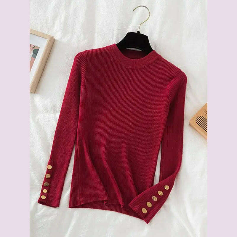 KIMLUD, 2024 women thick sweater pullovers khaki casual autumn winter button o-neck chic sweater female slim knit top soft jumper tops, Burgundy / One Size, KIMLUD APPAREL - Womens Clothes