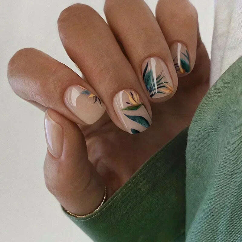 24Pcs Fashion Fake Nails Press on Short Square Head False Nail Art Green Leopard Print Design Artifical Full Cover Nail Tips - KIMLUD