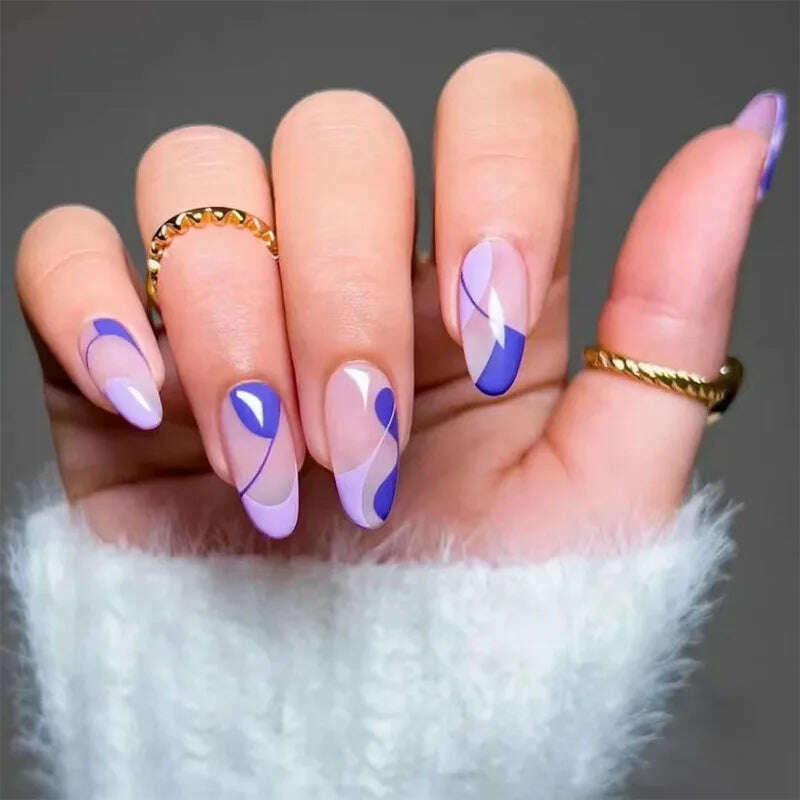 24pcs Light Green Stripe Gradient Wearing Fake Nails Seamless Removable Full Cover Long False Nails Press On Nails With Designs - KIMLUD