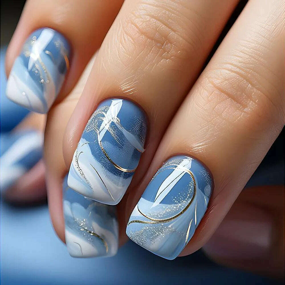 24pcs Short Square False Nails Glitter Flower Wave French Fake Nails Manicure Full Cover Detachable Nail Tips Press on Nails - KIMLUD