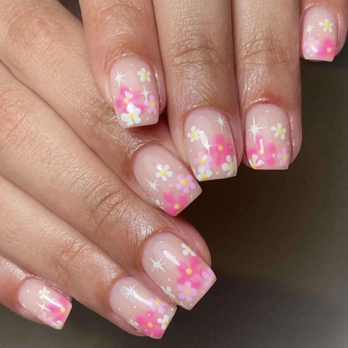 24Pcs Simple Square False Nails Short French Fake Nails Press on Colorful Flowers Design Full Cover Nail Tips Manicure Tools - KIMLUD