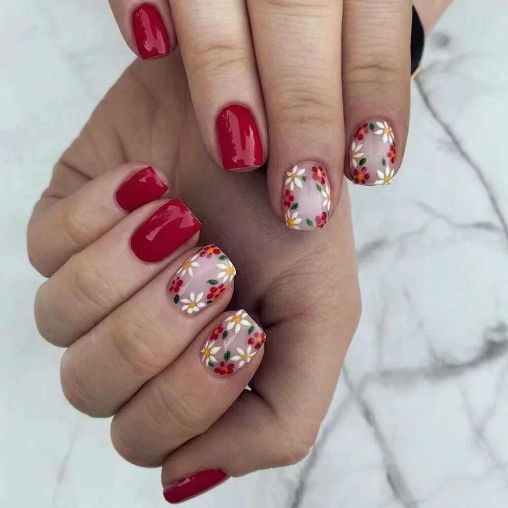 24Pcs Simple Square False Nails Short French Fake Nails Press on Colorful Flowers Design Full Cover Nail Tips Manicure Tools - KIMLUD