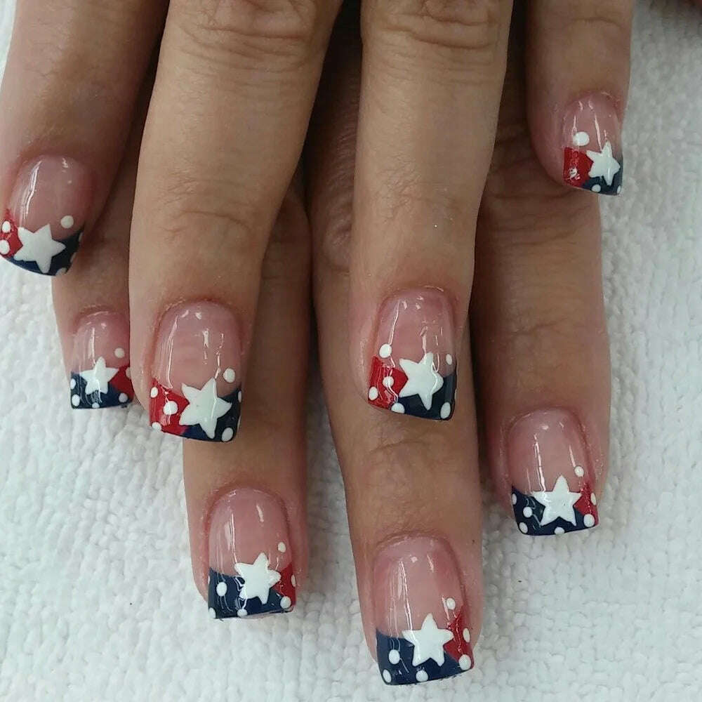 24Pcs Simple Square False Nails Short French Fake Nails Press on Colorful Flowers Design Full Cover Nail Tips Manicure Tools - KIMLUD