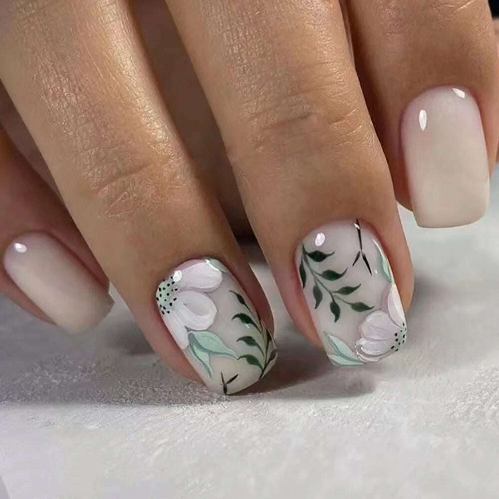 24Pcs Simple Square False Nails Short French Fake Nails Press on Colorful Flowers Design Full Cover Nail Tips Manicure Tools - KIMLUD