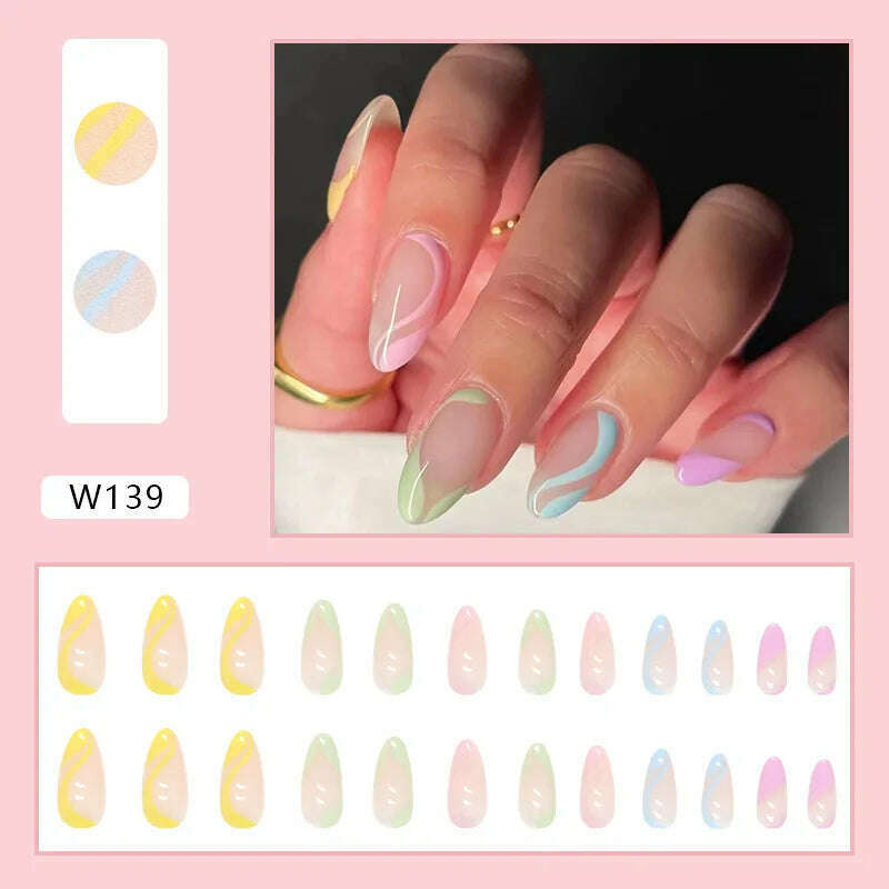 24pcs/Box Ballerina Nail Tip Purple with Design Manicure Patches Fresh Floral Almond False Nails Press on Med Nails Detachable - KIMLUD