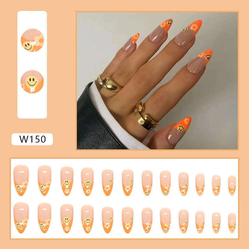 24pcs/Box Ballerina Nail Tip Purple with Design Manicure Patches Fresh Floral Almond False Nails Press on Med Nails Detachable - KIMLUD