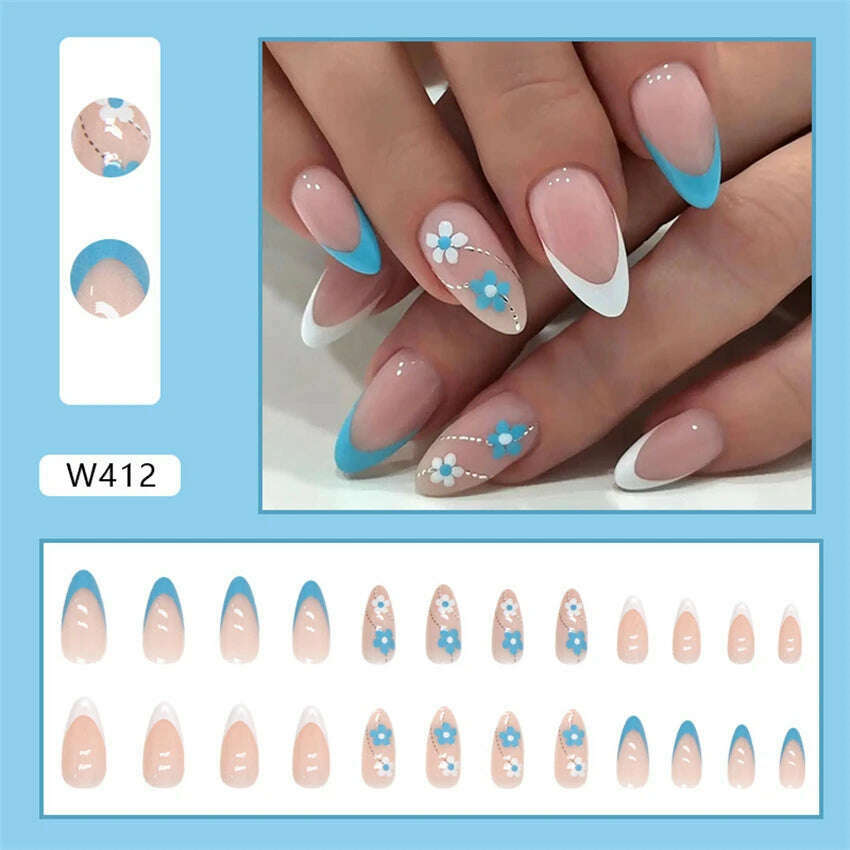 24pcs/Box Ballerina Nail Tip Purple with Design Manicure Patches Fresh Floral Almond False Nails Press on Med Nails Detachable - KIMLUD