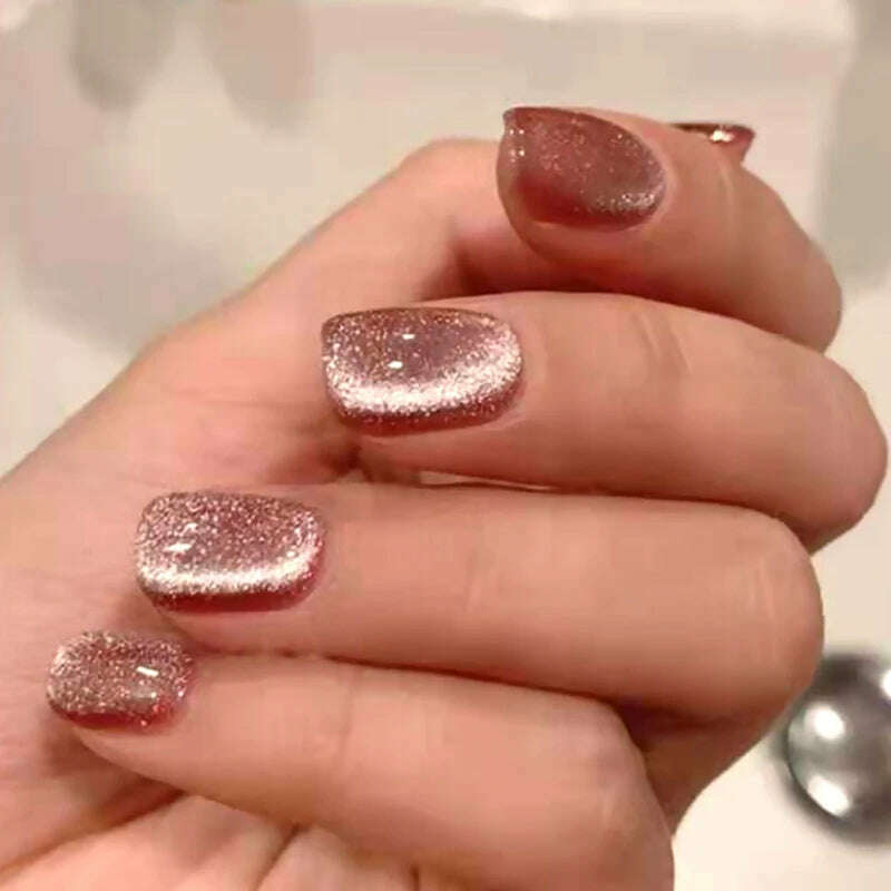 24pcs/box Cat Eye Phototherapy Nail Patch Wearable Fake Nail Short False Nail Wedding For Winter Autumn wearable full cover - KIMLUD
