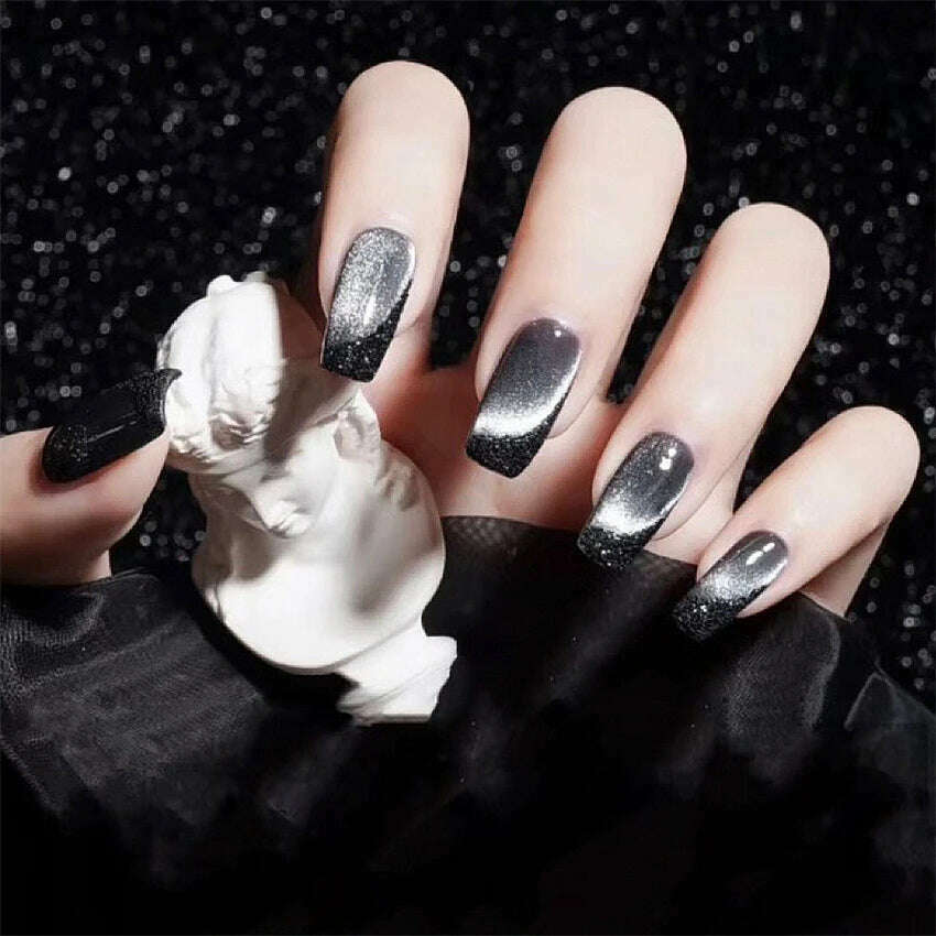 24Pcs/Set Nail Art Fake Nails with Diamonds Pink Silver Glitter Wearing Reusable False Nails Long Ballerina Press on Nail Tips - KIMLUD