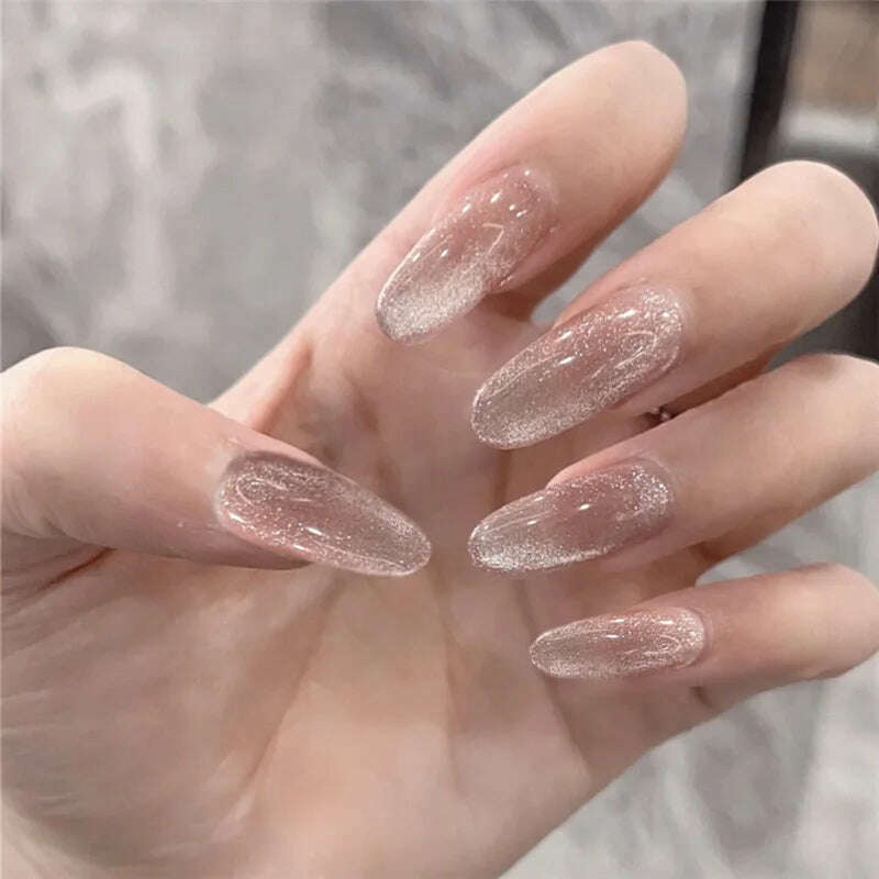 24Pcs/Set Nail Art Fake Nails with Diamonds Pink Silver Glitter Wearing Reusable False Nails Long Ballerina Press on Nail Tips - KIMLUD