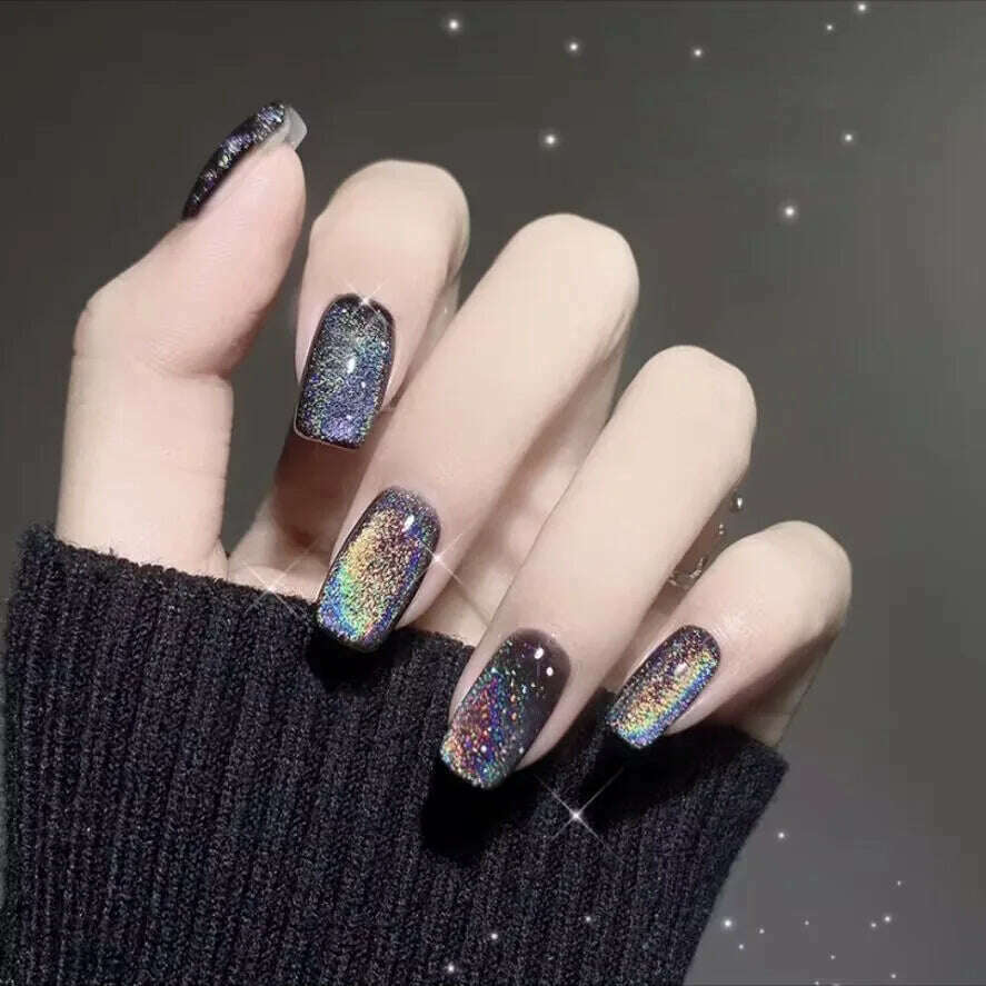 24Pcs/Set Nail Art Fake Nails with Diamonds Pink Silver Glitter Wearing Reusable False Nails Long Ballerina Press on Nail Tips - KIMLUD