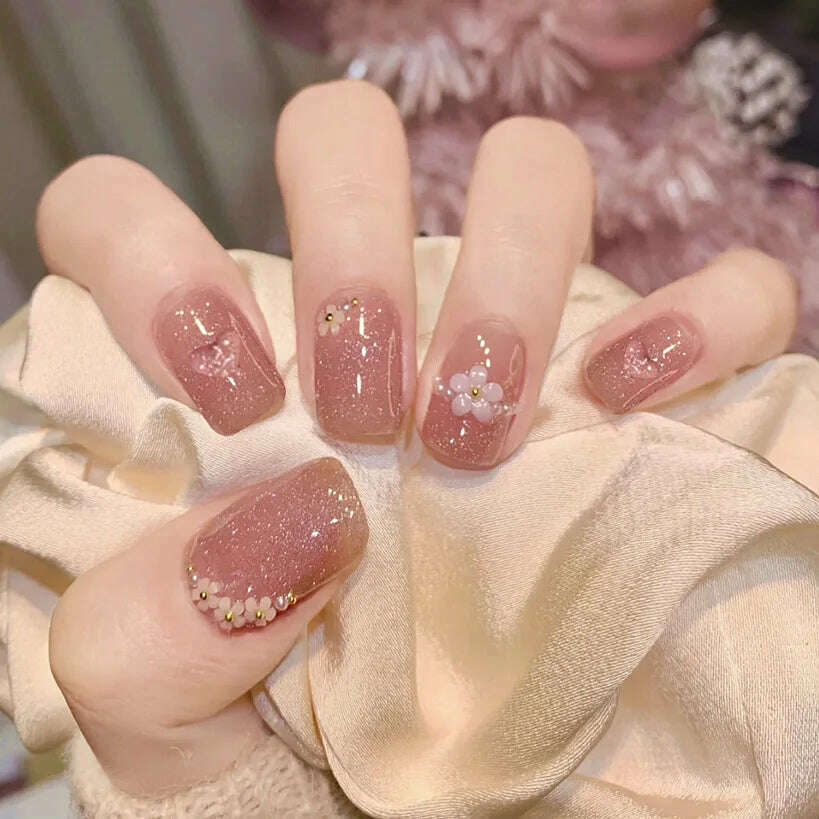 24Pcs/Set Nail Art Fake Nails with Diamonds Pink Silver Glitter Wearing Reusable False Nails Long Ballerina Press on Nail Tips - KIMLUD