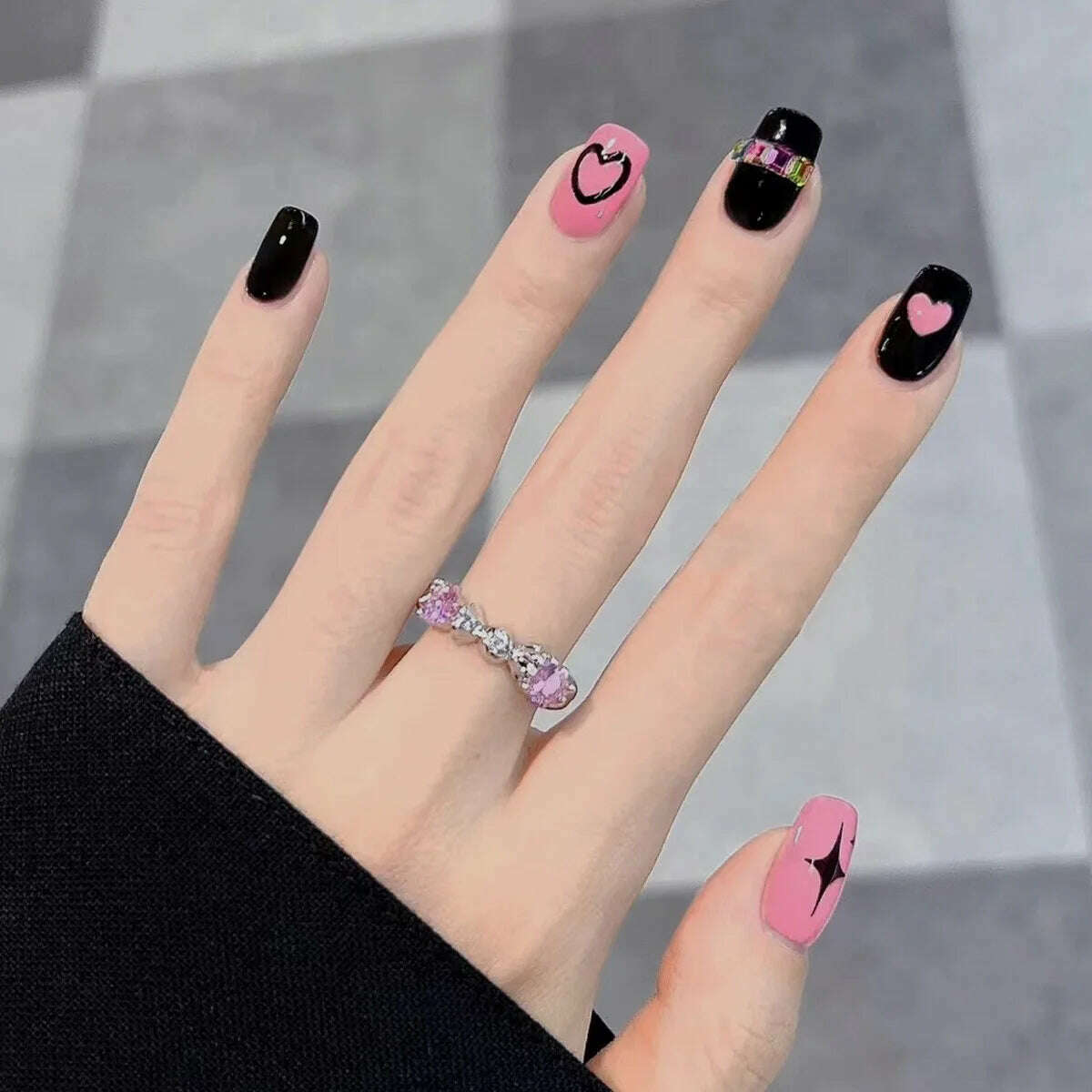24Pcs/Set Nail Art Fake Nails with Diamonds Pink Silver Glitter Wearing Reusable False Nails Long Ballerina Press on Nail Tips - KIMLUD