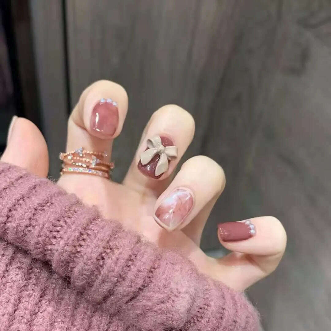 24Pcs/Set Nail Art Fake Nails with Diamonds Pink Silver Glitter Wearing Reusable False Nails Long Ballerina Press on Nail Tips - KIMLUD