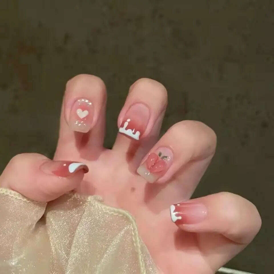 24Pcs/Set Nail Art Fake Nails with Diamonds Pink Silver Glitter Wearing Reusable False Nails Long Ballerina Press on Nail Tips - KIMLUD