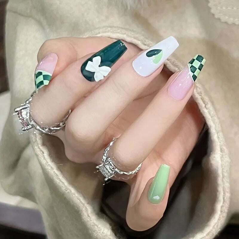 24Pcs/Set Nail Art Fake Nails with Diamonds Pink Silver Glitter Wearing Reusable False Nails Long Ballerina Press on Nail Tips - KIMLUD